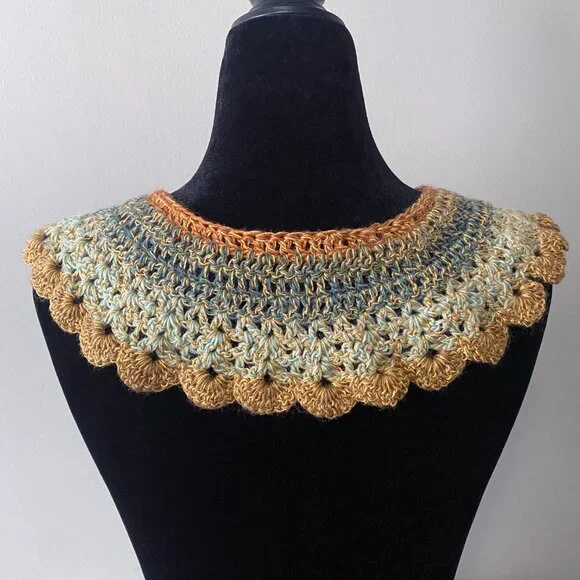 Handmade Crochet Blue Orange Gold Wool Blend Collar Neckwear Accessory - Picture 4 of 6